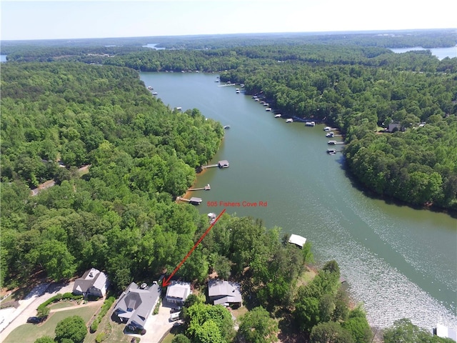 bird's eye view featuring a forest view and a water view