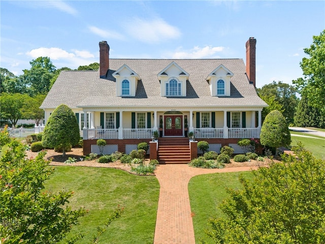 cape cod house featuring a porch, a front yard, french doors, and a chimney