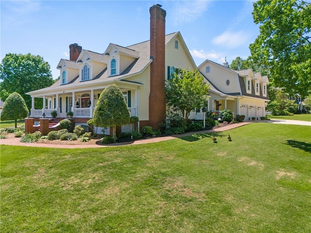 view of side of property featuring an attached garage, a lawn, a chimney, a porch, and driveway