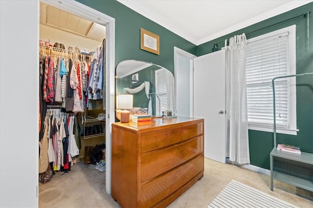 spacious closet featuring carpet floors and arched walkways