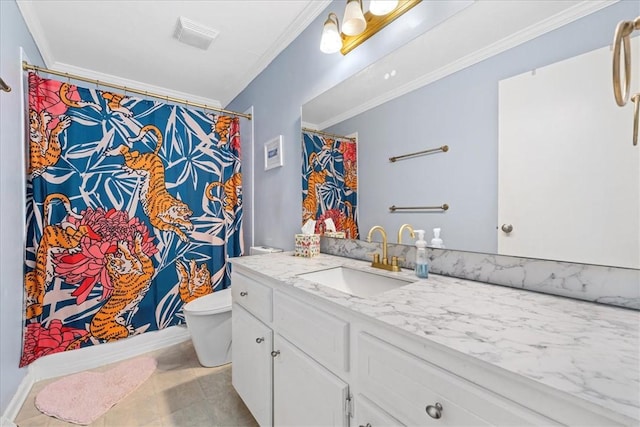 bathroom featuring visible vents, curtained shower, vanity, toilet, and ornamental molding