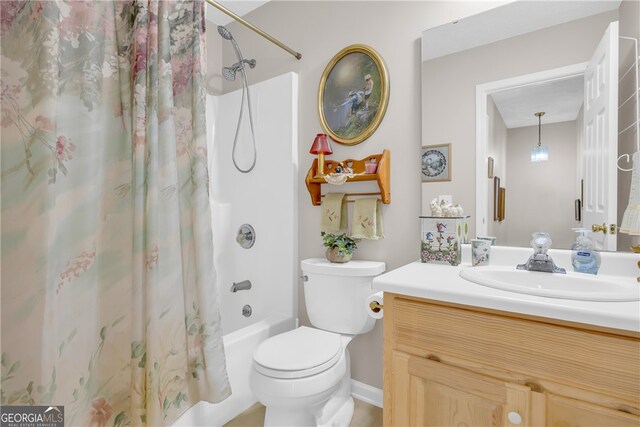 full bath with vanity, toilet, and shower / bathtub combination with curtain