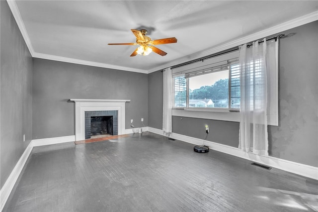 322 Whitehall Rd, Anderson, SC 29625 - unfurnished living room featuring a ceiling fan, visible vents, a brick fireplace, baseboards, and ornamental molding