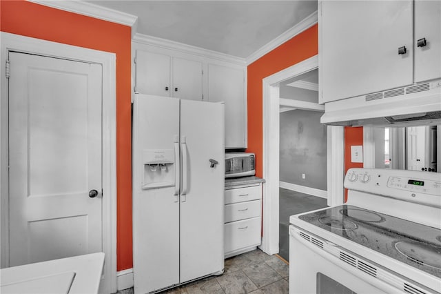 322 Whitehall Rd, Anderson, SC 29625 - kitchen featuring crown molding, white appliances, baseboards, light countertops, and under cabinet range hood