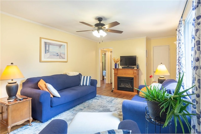 living room featuring ceiling fan, a glass covered fireplace, ornamental molding, and wood finished floors