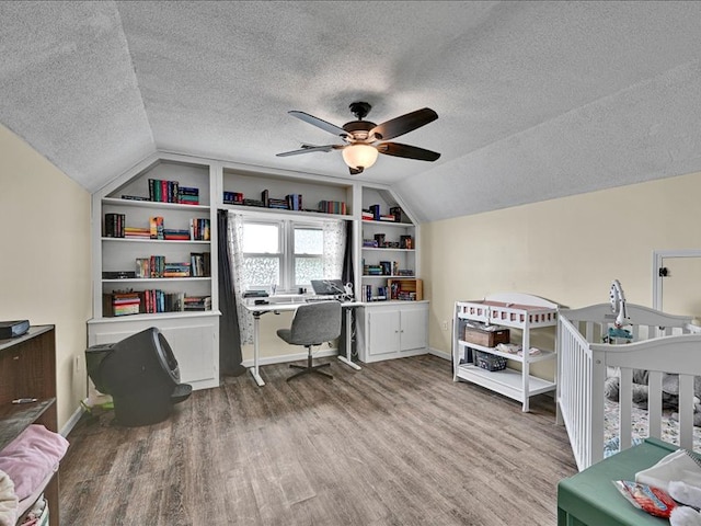 415 Van Martin Rd, Anderson, SC 29621 - office featuring ceiling fan, a textured ceiling, baseboards, wood finished floors, and vaulted ceiling