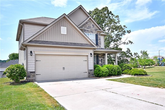 craftsman-style house with a front lawn, stone siding, a garage, board and batten siding, and concrete driveway