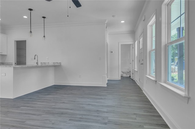 interior space with crown molding, wood finished floors, baseboards, ceiling fan, and recessed lighting