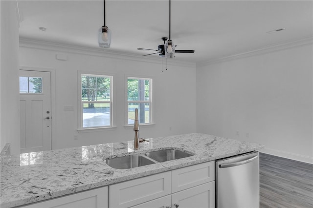 kitchen with a ceiling fan, dishwasher, a sink, light stone counters, and white cabinets
