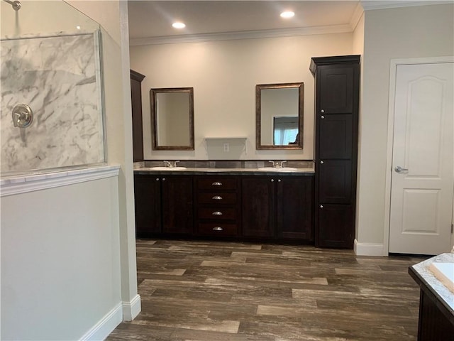 204 Rock Creek Rd, Anderson, SC 29625 - full bathroom with crown molding, double vanity, wood finished floors, baseboards, and a shower
