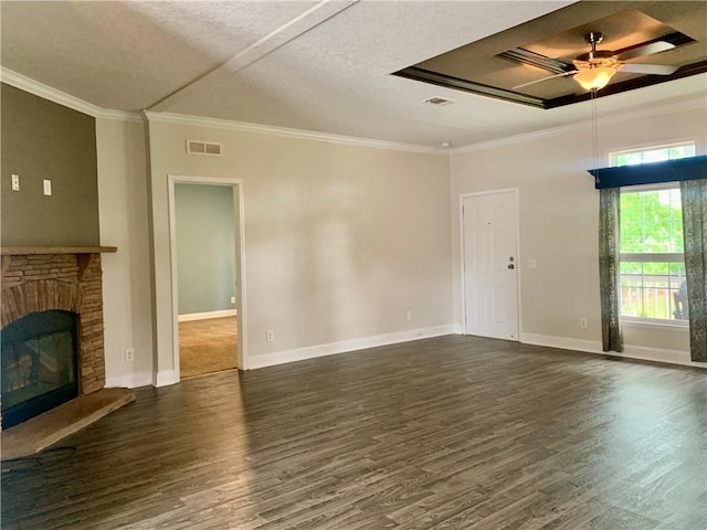 204 Rock Creek Rd, Anderson, SC 29625 - unfurnished living room featuring a ceiling fan, dark wood finished floors, ornamental molding, a brick fireplace, and baseboards