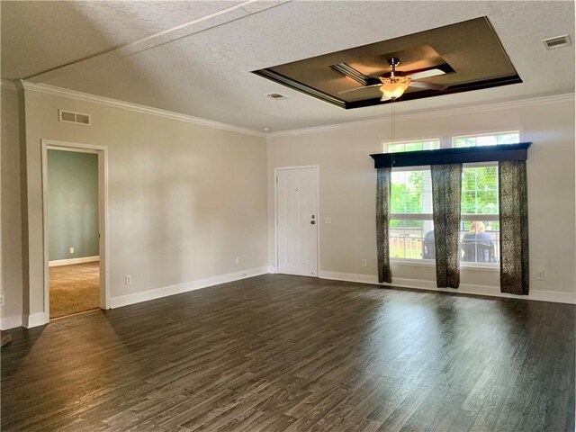 204 Rock Creek Rd, Anderson, SC 29625 - unfurnished room featuring a tray ceiling, a ceiling fan, dark wood-type flooring, ornamental molding, and baseboards