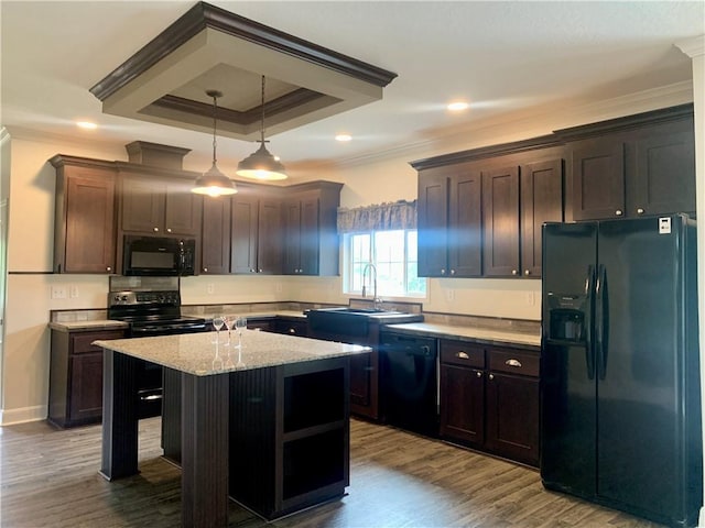204 Rock Creek Rd, Anderson, SC 29625 - kitchen with black appliances, a sink, ornamental molding, dark wood-style flooring, and a kitchen island