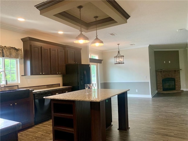 204 Rock Creek Rd, Anderson, SC 29625 - kitchen with black appliances, crown molding, a sink, hanging light fixtures, and dark brown cabinetry