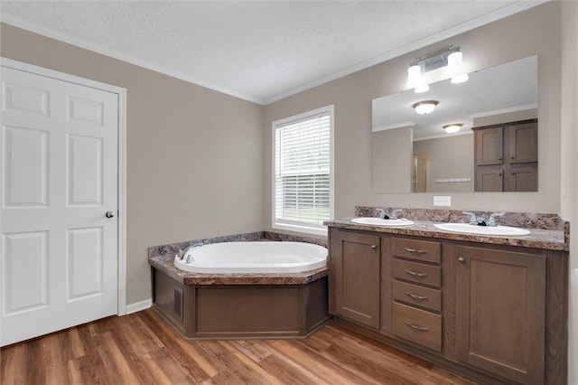 bathroom featuring a garden tub, a sink, wood finished floors, and double vanity