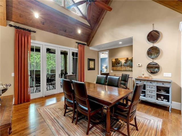 dining room with a ceiling fan, wood finished floors, high vaulted ceiling, beamed ceiling, and recessed lighting