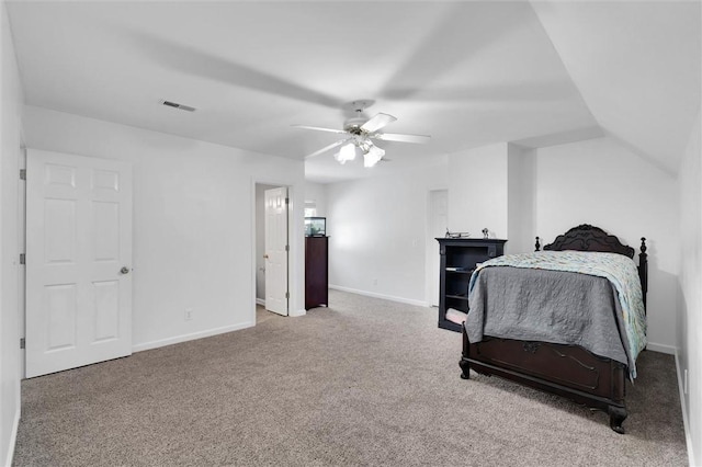 carpeted bedroom featuring baseboards, visible vents, and ceiling fan