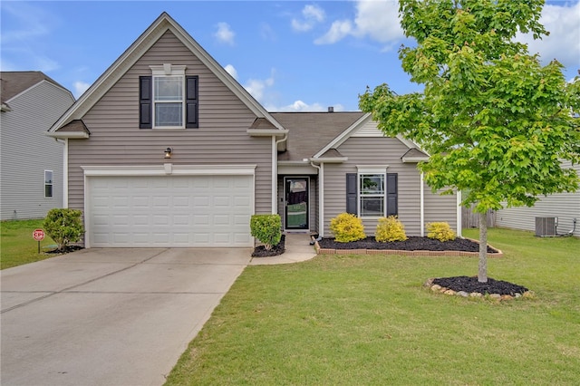 traditional-style house with an attached garage, driveway, central AC, and a front lawn