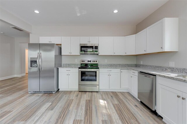 9 Dixie Ave, Liberty, SC 29657 - kitchen featuring light wood-type flooring, white cabinetry, appliances with stainless steel finishes, and visible vents