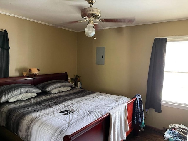 bedroom with electric panel, a ceiling fan, dark wood-style flooring, crown molding, and baseboards