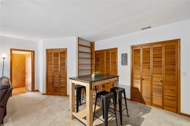 kitchen featuring light colored carpet, baseboards, and visible vents