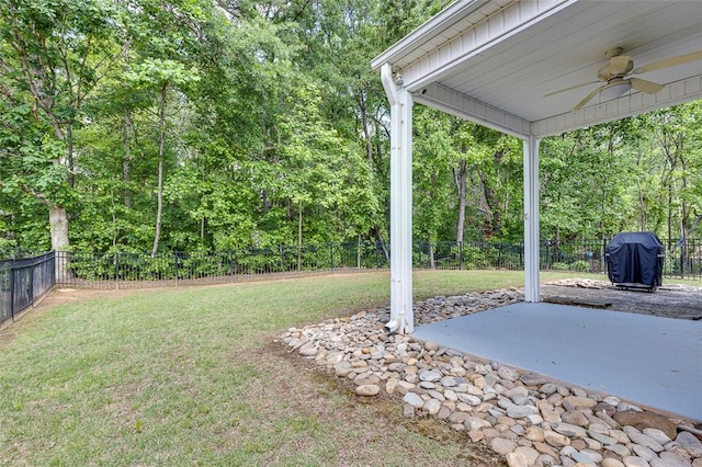 127 Ledgewood Way, Easley, SC 29642 - view of yard with a fenced backyard, ceiling fan, a patio area, and a forest view
