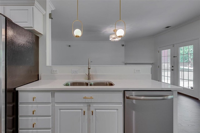 127 Ledgewood Way, Easley, SC 29642 - kitchen with crown molding, stainless steel dishwasher, a sink, light countertops, and white cabinetry