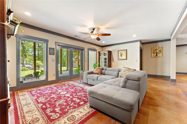living room featuring french doors, recessed lighting, baseboards, ceiling fan, and finished concrete floors