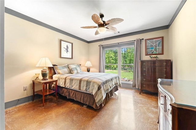 bedroom featuring a ceiling fan, crown molding, and concrete flooring