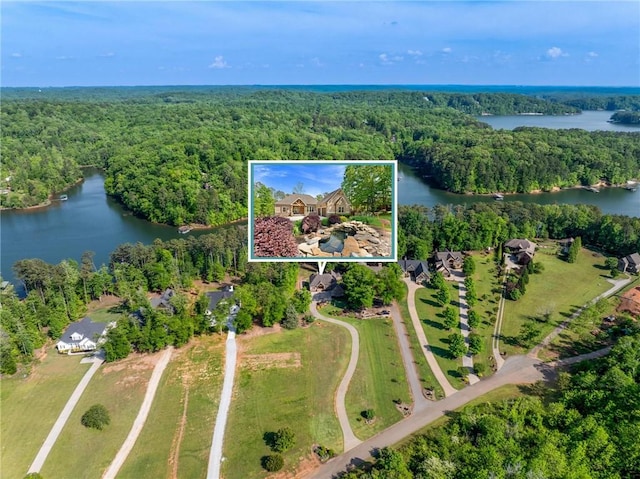aerial view featuring a water view and a wooded view
