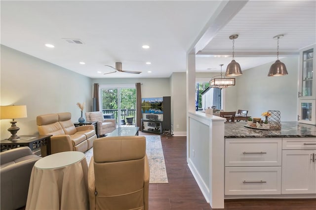 15C Hartwell Villas, Anderson, SC 29626 - living area featuring visible vents, dark wood-style flooring, baseboards, recessed lighting, and ceiling fan with notable chandelier
