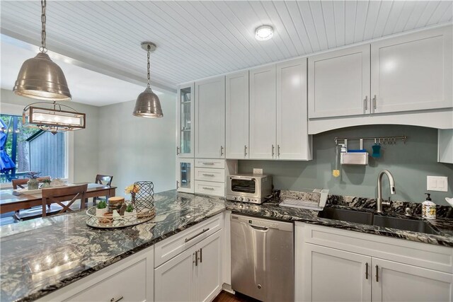 15C Hartwell Villas, Anderson, SC 29626 - kitchen featuring stainless steel dishwasher, a toaster, white cabinets, a sink, and decorative light fixtures