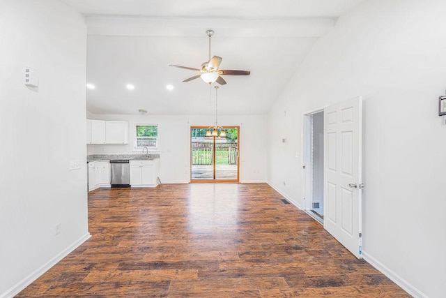 116 Ashley Dr, Pelzer, SC 29669 - unfurnished living room with baseboards, a ceiling fan, dark wood-style floors, and a sink