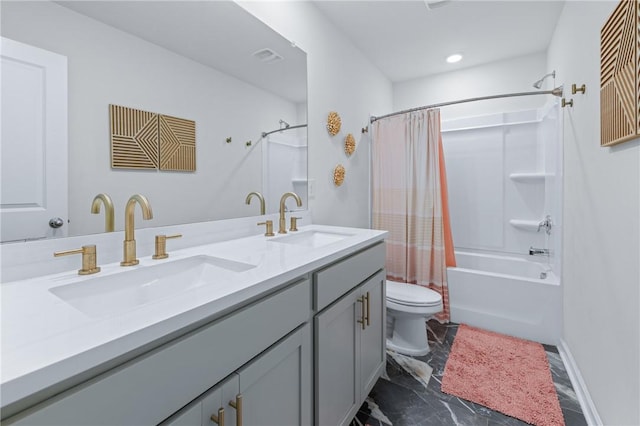 full bath with double vanity, toilet, shower / tub combo, and a sink