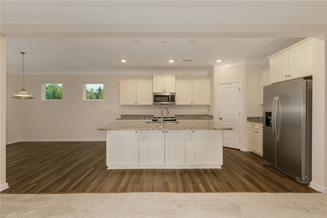 169 Caledonia Dr, Easley, SC 29642 - kitchen with stainless steel appliances, dark wood-type flooring, white cabinets, baseboards, and ornamental molding