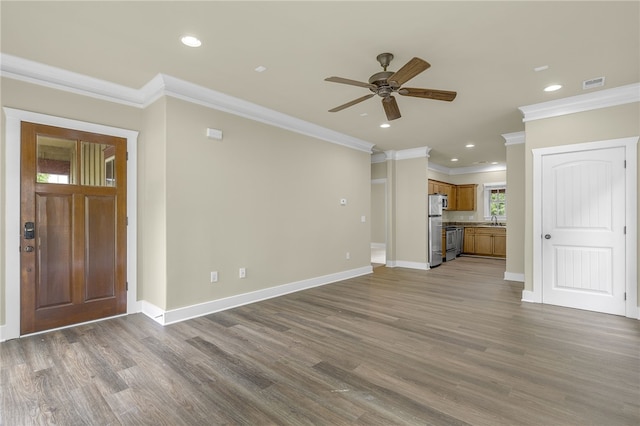 101 W Ln Unit 1004, Clemson, SC 29631 - unfurnished living room featuring ornamental molding, a ceiling fan, wood finished floors, baseboards, and a sink