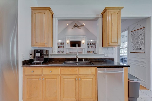 kitchen featuring a sink, ceiling fan, light brown cabinets, and dishwasher
