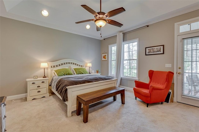 bedroom featuring a ceiling fan, baseboards, access to outside, crown molding, and light colored carpet