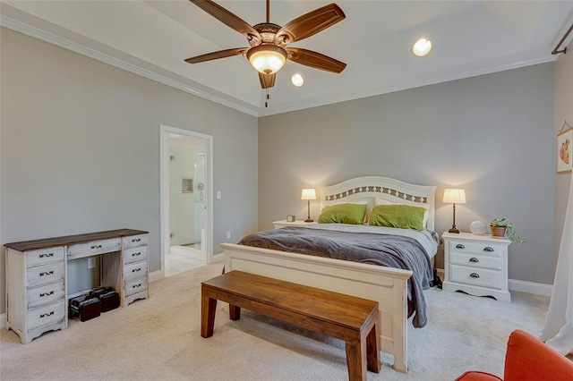 carpeted bedroom with baseboards, ornamental molding, recessed lighting, and a ceiling fan