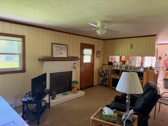 living area featuring carpet, a fireplace with raised hearth, a textured ceiling, ornamental molding, and ceiling fan
