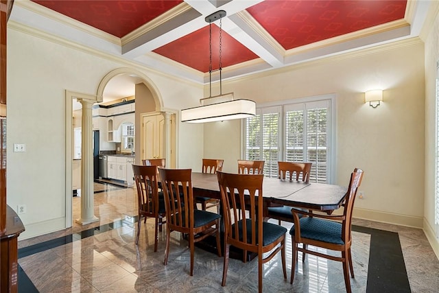 107 Amanda Dr, Anderson, SC 29621 - dining area featuring ornate columns, coffered ceiling, beam ceiling, crown molding, and baseboards