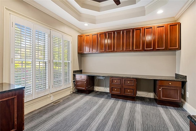 107 Amanda Dr, Anderson, SC 29621 - unfurnished office with built in study area, ceiling fan, ornamental molding, and dark carpet