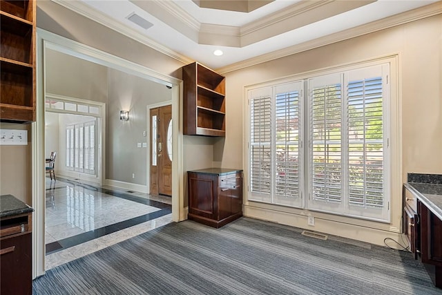 107 Amanda Dr, Anderson, SC 29621 - mudroom with crown molding, visible vents, baseboards, dark colored carpet, and recessed lighting