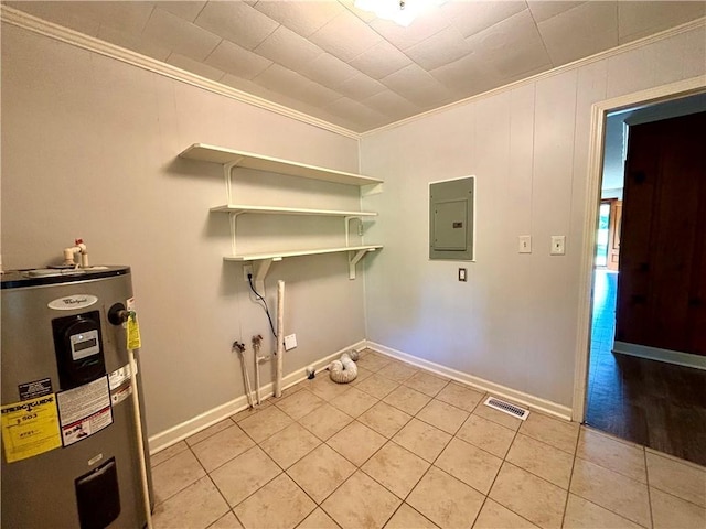 5192 Davis Cir, Anderson, SC 29625 - clothes washing area featuring electric water heater, electric panel, crown molding, light tile patterned floors, and baseboards