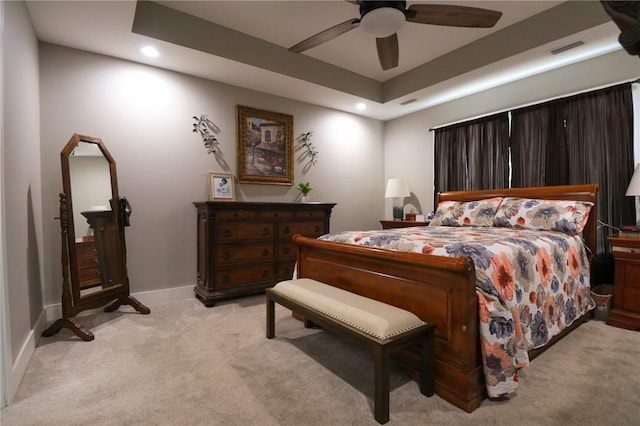 bedroom with light carpet, baseboards, visible vents, and recessed lighting