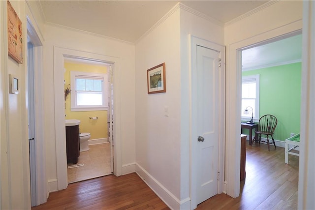 corridor featuring baseboards, crown molding, and wood finished floors