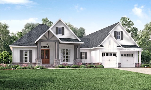 view of front of house featuring board and batten siding, roof with shingles, driveway, and a front yard