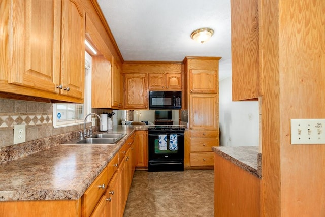 102 Norman St, Liberty, SC 29657 - kitchen featuring a sink, tasteful backsplash, brown cabinets, black appliances, and tile patterned floors