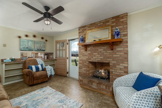 102 Norman St, Liberty, SC 29657 - living area with a ceiling fan, ornamental molding, and a fireplace