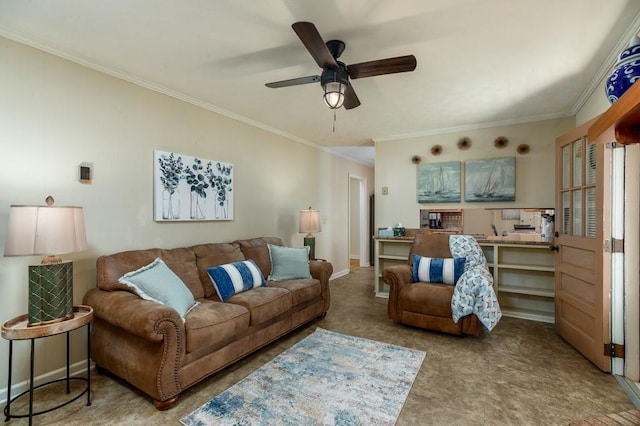 102 Norman St, Liberty, SC 29657 - living room featuring a ceiling fan, ornamental molding, and baseboards